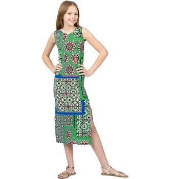 24sevenkid Girls Green Scarf Print Side Slit Maxi Dress