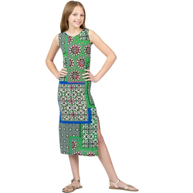 24sevenkid Girls Green Scarf Print Side Slit Maxi Dress, 1 of 6