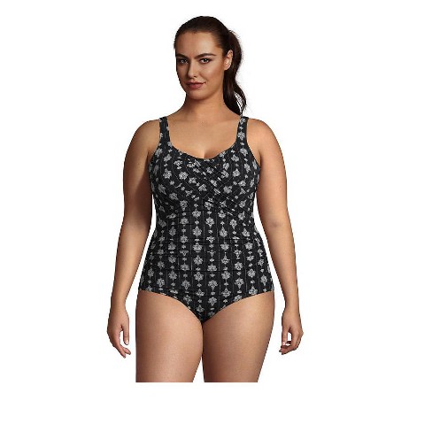 Lands End Women S Plus Size Slender Carmela Tummy Control Chlorine Resistant Scoop Neck One Piece Swimsuit 16w Black Ivory Geo Damask Target