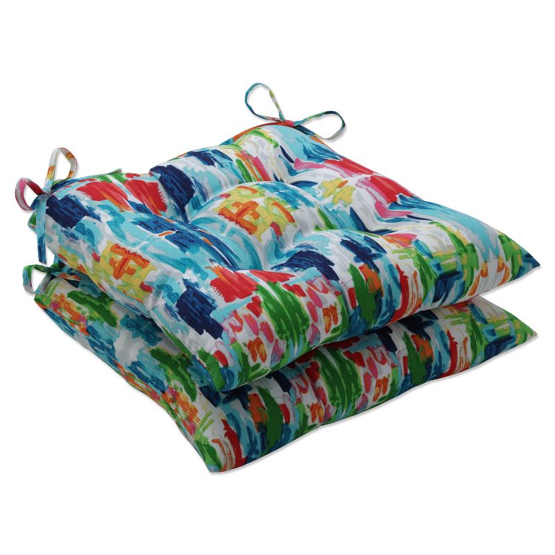 2pk Outdoor/Indoor Wrought Iron Seat Cushion Set Abstract Reflections Multi Blue - Pillow Perfect, 1 of 7