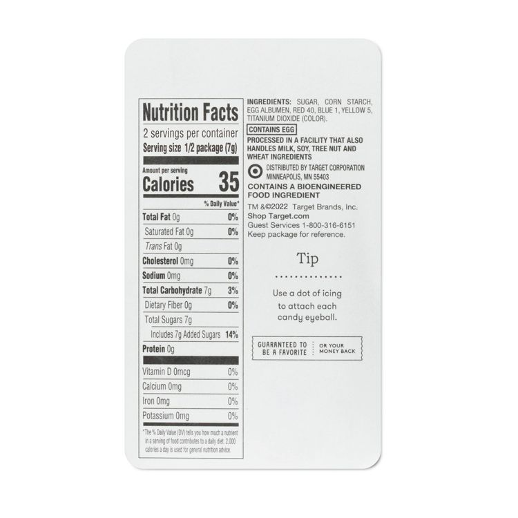 Nutrition label showing calories, total fat, cholesterol, sodium, total carbohydrates, protein, and ingredients including sugar, corn starch, and egg albumen.