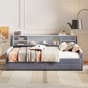Whisen Twin Size Velvet Upholstered Platform Bed & Daybed with 2 Storage Drawers & Built-in Side Shelf - 1 of 4