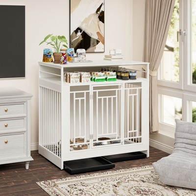 43.3" Large Dog Crate Furniture with Divider, Double Door Wooden Dog Kennel with 3 Drawers, Heavy Duty Pet House - White - Nertpow