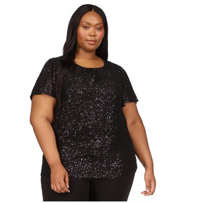 Michael Kors Womens Sequined Short-Sleeve Top Basic T-Shirt, Black, 1X