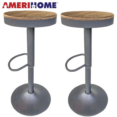 AmeriHome Round Adjustable Height Bar Stools with Wood Seat – Natural Stain