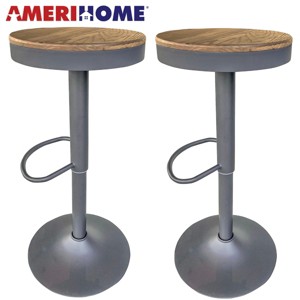 AmeriHome Round Adjustable Height Bar Stools with Wood Seat – Natural Stain - 1 of 4