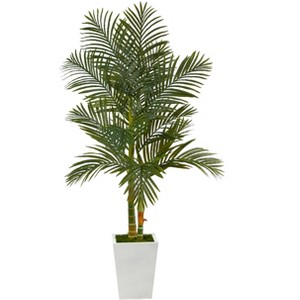 Nearly Natural 5.5-ft Golden Cane Artificial Palm Tree in White Metal Planter - 1 of 4