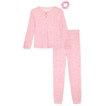 Sleep On It Girls 2-Piece Hacci Pajama Set- Leopard, Pink Pajama Set for Girls with Matching Scrunchie, Size S (7/8)