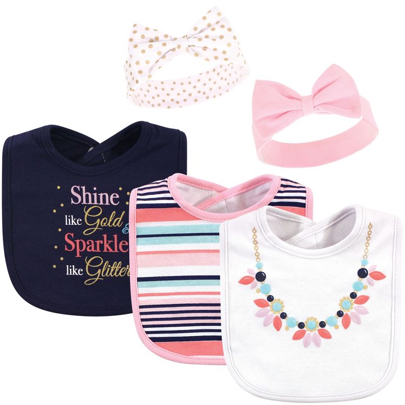Little Treasure Baby Girl Cotton Bib and Headband Set 5pk, Sparkle Necklace, One Size, 1 of 2