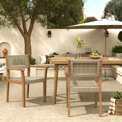 2pc Outdoor Dining Chairs, Solid Acacia Wood Frame with Wicker Backrest, Weather-Resistant Patio Seating for Garden or Deck - Coolbibila
