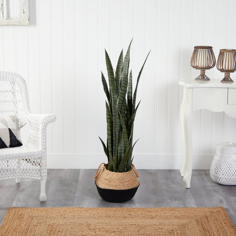 Nearly Natural 46-in Sansevieria Artificial Plant in Boho Chic Handmade Cotton & Jute White Woven Planter, 3 of 5