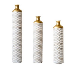 AENKYO Set of 3 Metal Tall Floor Vases, Gold Geometric Cylinder Vases with Vine Patterns -  for Living Room & Home Decor - 25"/29"/34" Height - 1 of 4