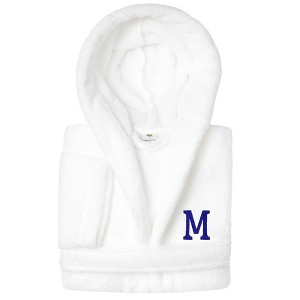 Personalized Linum Kids 100% Polyester SUPER PLUSH Double Brushed Hooded Bathrobe in Navy Bookman Font - 1 of 3