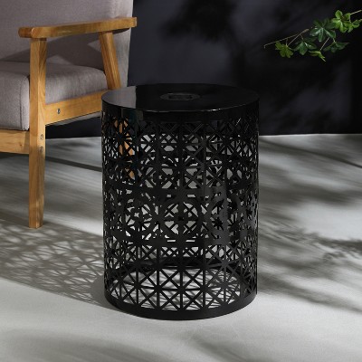 Metal Patio Accent Side Table With Built-In Solar Powered Light, Hollow-Out Design, Living Room Yard Balcony Garden Bedside Small Spaces