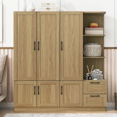 3 Door Wooden Storage Wardrobe for Dedroom with Shelves and 2 Drawers, Side Storage Shelves,Nature