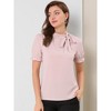 INSPIRE CHIC Women's Bow Tie Neck Solid Color Elastic Cuffs Elegant Office Short Sleeve Blouse - 2 of 4