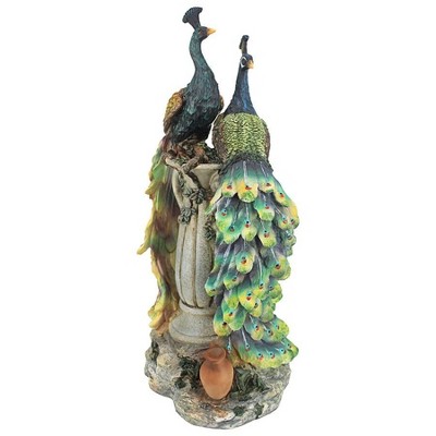 Hand-Painted Resin Peacock Statue with Urn, 22.4" Tall