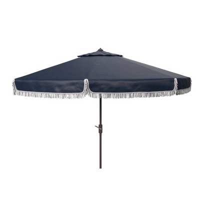 10.8' Round Milan Fringe Umbrella Navy/White - Safavieh