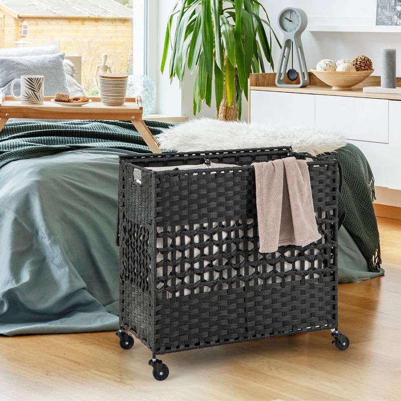 Costway 110L Laundry Hamper with Wheels Clothes Basket Lid & Handle & 2 Liner Bags Natural/Black/Brown, 4 of 11