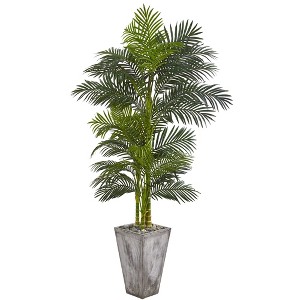 Nearly Natural 7-ft Golden Cane Artificial Palm Tree in Cement Planter - 1 of 2