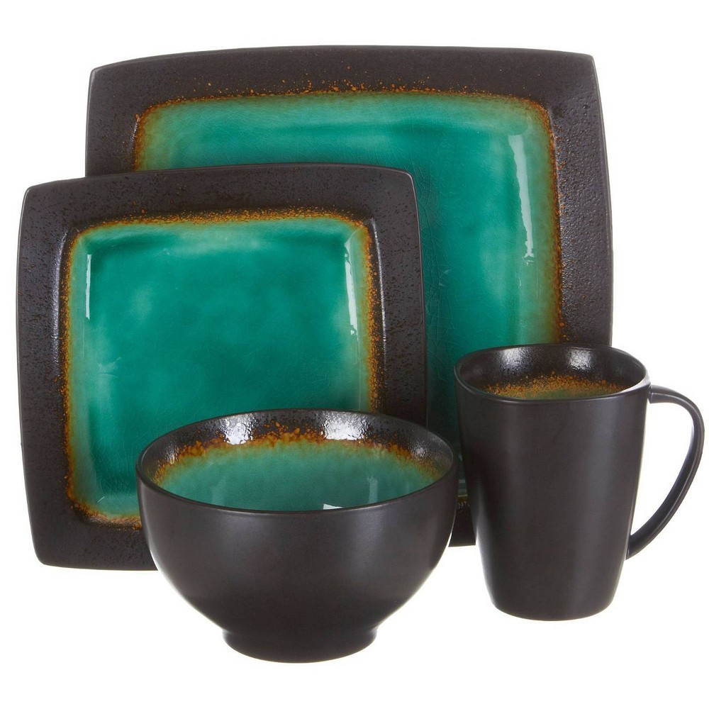 Photos - Glass Gibson Home 16pc Stoneware Ocean Paradise Dinnerware Set: Square Jade Dishware, Microwave & Dishwasher Safe, Service for 4