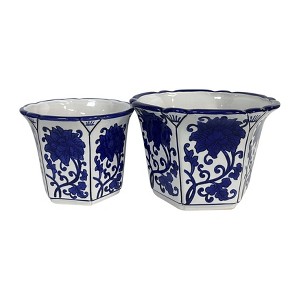 Sagebrook Home 2pc Fluted Chinoiserie Ceramic Indoor Outdoor Planter Pots Blue/White: Hand-Painted, Rust-Resistant, No Drainage Hole - 1 of 1