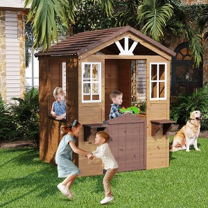 Wooden Play House for Kids, Wooden Play House Outdoor Cottage, Cedar Woodens Kids Playhouse Cottage, Toddler Outdoor Playhouse Vinyl Roof With Kitchen - 1 of 4