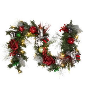 6ft Christmas Wreath with Lights Pre-Assembled Christmas Wreath, Battery Operated Christmas Wreath with Pine Cones, Berries, Bows, Flowers, Ball - 1 of 4