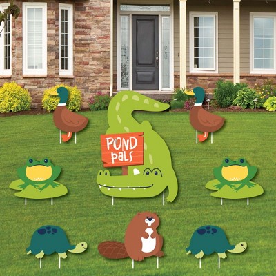 Big Dot of Happiness Pond Pals - Yard Sign & Outdoor Lawn Decor - Frog, Alligator, Turtle, Beaver, Duck Birthday or Baby Shower Yard Signs - Set of 8