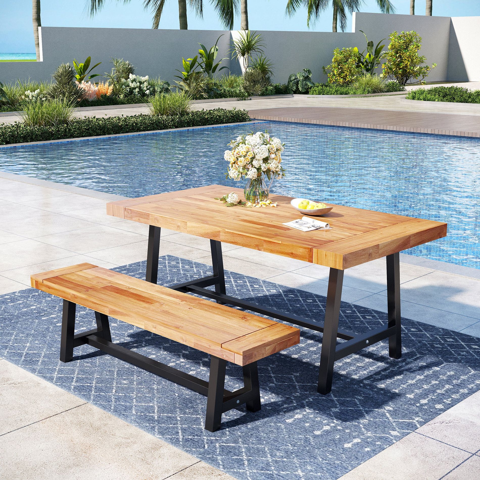 Captiva Designs 2Pc Patio Dining Oil Finished Tabletop and Spray Painted Leg Acacia Wood Table & Backless Acacia Wood Bench
