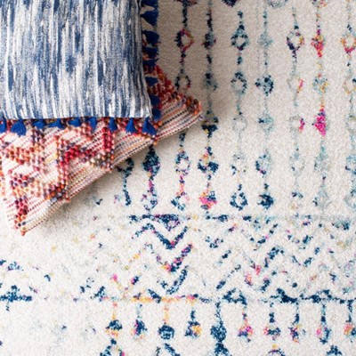 Ivory and Blue Moroccan Boho Distressed Area Rug, 8' x 10'