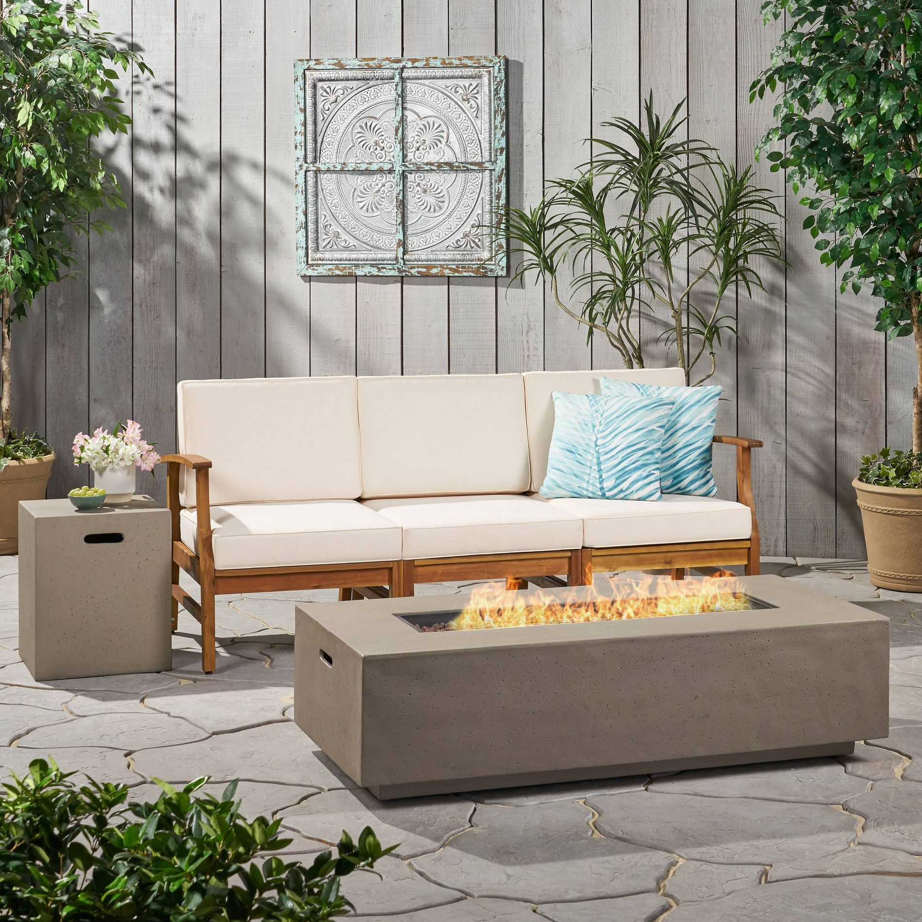 Perla 5pc Acacia Wood Sofa with Rectangular Fire Table - Teak/Cream/Light Gray - Christopher Knight Home