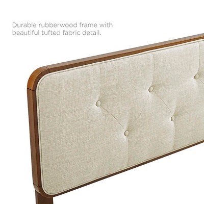 Walnut Beige Tufted Fabric Queen Headboard with Mid-Century Charm