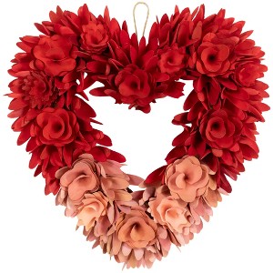 Northlight Wooden Rose Artificial Valentine's Day Floral Wreath - 14" - Red and Pink - 1 of 4