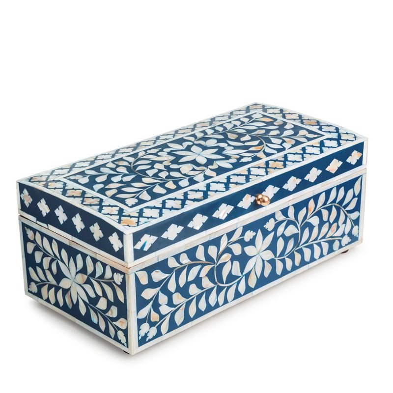 GAURI KOHLI Jodhpur Mother of Pearl Decorative Box, Blue, 16", 1 of 7