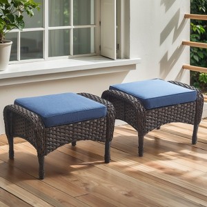 POCASSY Outdoor Ottomans Set of 2 with Cushion, Brown Wicker Patio Footrest with All Weather Wicker Rattan - 1 of 4