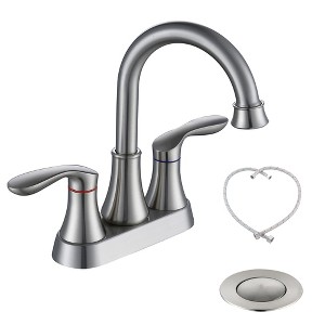 MAYEERTY 2 Handle Brushed Nickel Bathroom Sink Faucet with Pop Up Drain Supply Hoses - 1 of 4