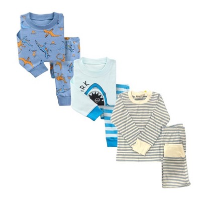BenBen Kids 3 Pack Pajamas - Blue Dinosaurs/Stripes/Sharks