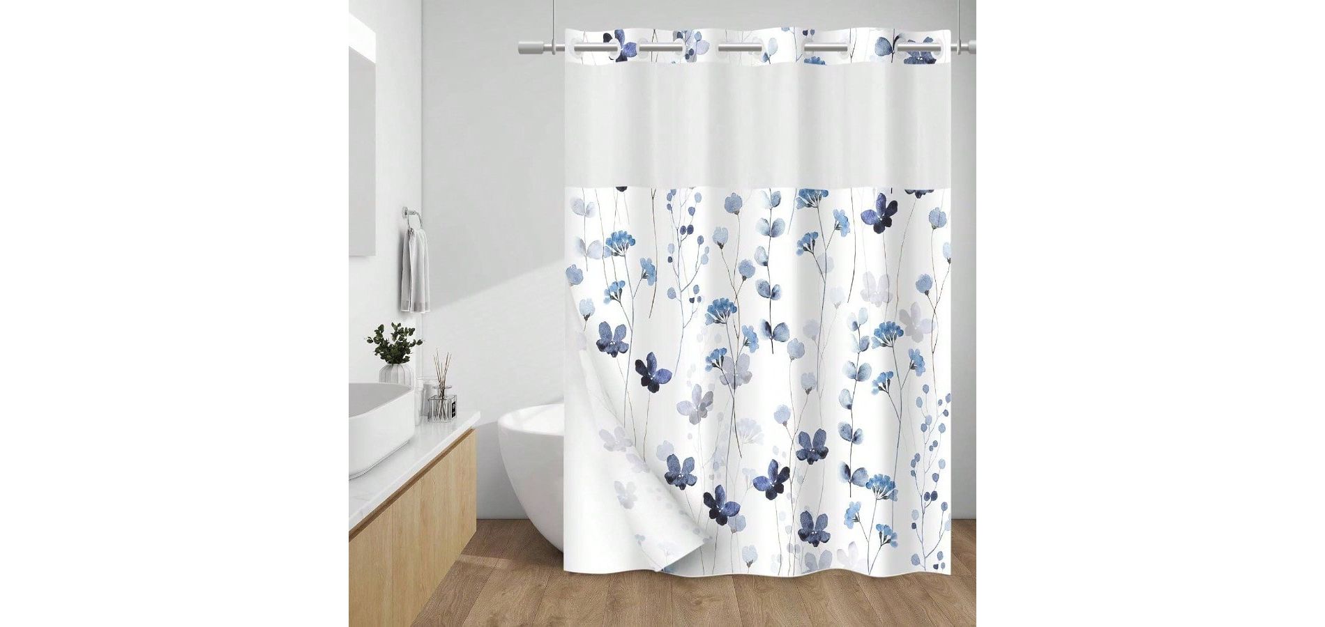 No Hook Shower Curtain with Snap Liner - Watercolor Floral, Blue Flowers, Machine Washable, 71x74
