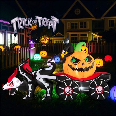Angel Sar 9FT Halloween Inflatable Carriage with Skeleton Dragon, 7 LED Lights, Pumpkin and Grim Reaper, Outdoor Yard Decoration