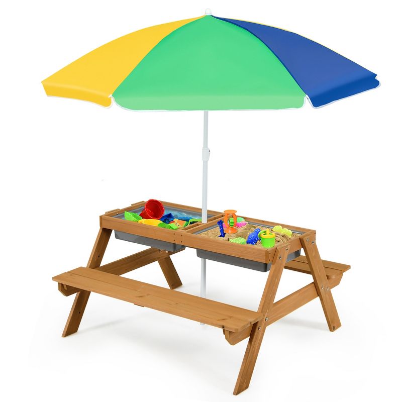 Costway 3-in-1 Kids Picnic Table Wooden Outdoor Sand & Water Table with Umbrella Play Boxes Natural/Blue/Green, 1 of 11