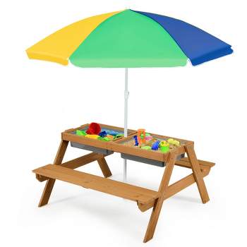 Costway 3-in-1 Kids Picnic Table Wooden Outdoor Sand & Water Table with Umbrella Play Boxes Natural/Blue/Green