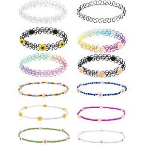 12PC Tattoo Choker Necklace for Women - 90s Choker Necklaces Y2K Vintage-Emo Black Choker Rainbow Pink White Purple Neon Green Blue Daisy Flower - 1 of 4