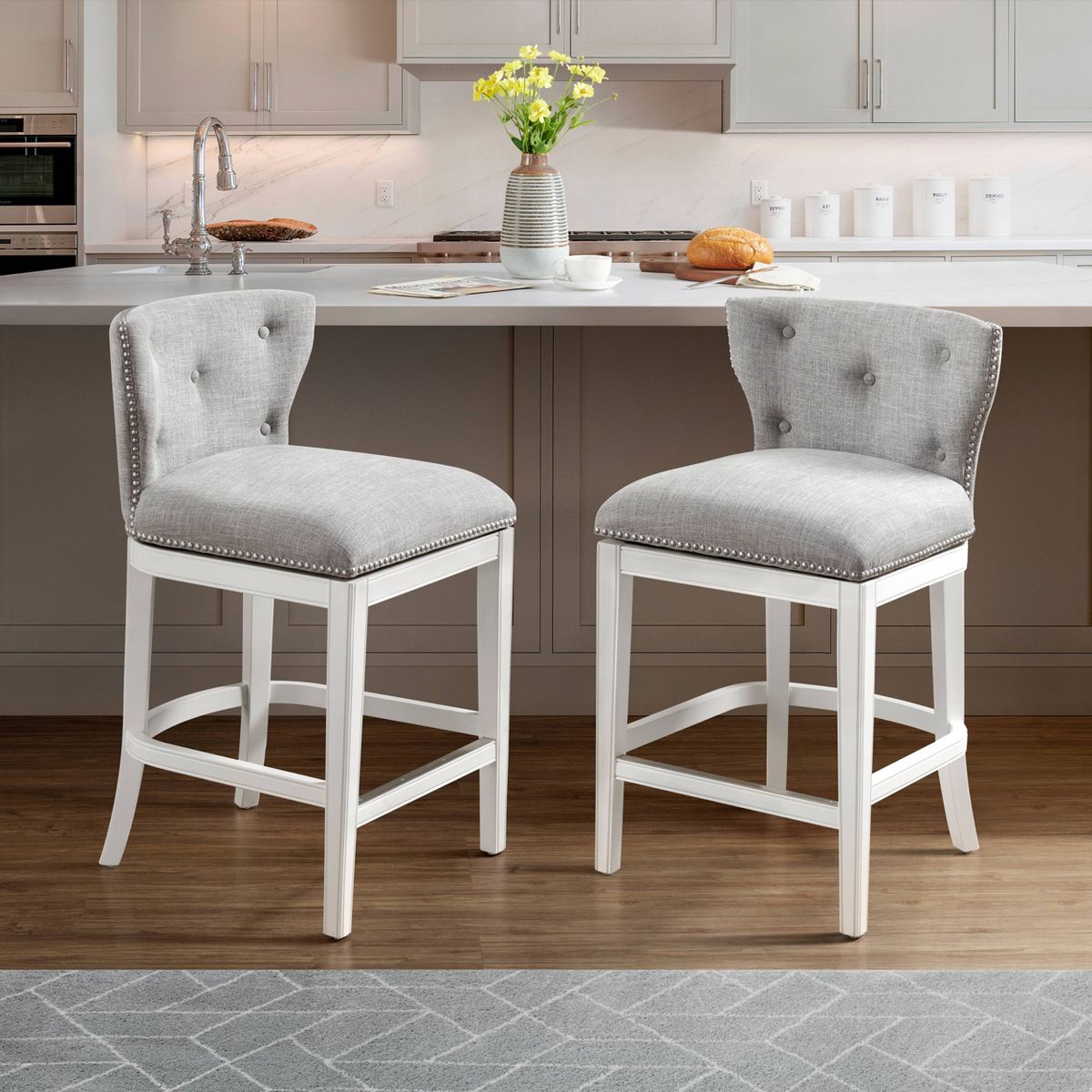 Set of 2 Miranda Swivel Counter Height Barstools White - Alaterre Furniture: Linen Fabric, Nailhead Trim, Memory Return-Swivel - thumbnail 2