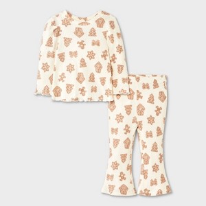 Baby Girls' 2pc Long Sleeve Christmas Holiday Cookies Ribbed Sweatshirt and Flare Leggings Set - Cat & Jack™ Cream - 1 of 4