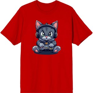 Focused Gamer Cat Adult Crew Neck Short Sleeve Tee - 1 of 2