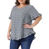 Women's Plus Size Gingham 1950s Vintage Back Button Crew Neck Ruffle Sleeve Hem Casual Plaid Blouses - Agnes Orinda - 2 of 4