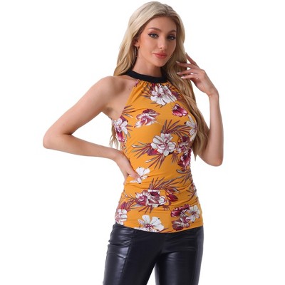 INSPIRE CHIC Women's Halter Neck Sleeveless Stretchy Slim Fit Party Ruched Top
