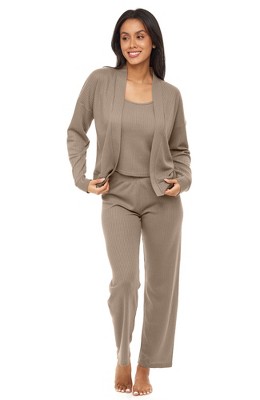 Adr Women's Ribbed Knit Cardigan Thermal Sleepwear Set Hip Length Jacket,  Cami Top And Pajama Pants Sage Medium : Target