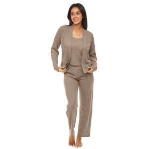 ADR Women's Pajamas Set, Soft Ribbed Knit Waffle 3 Piece Lounge Set - Cardigan Sweater, Cami Top Shirt, Pajamas Pants - 1 of 4